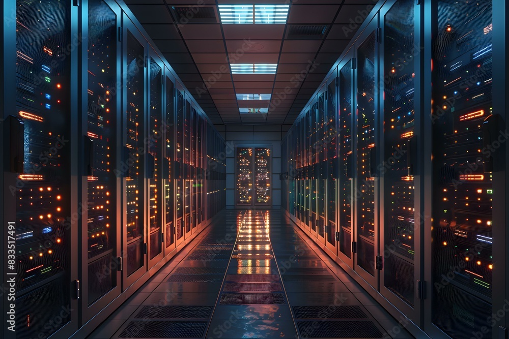 Obraz premium Server room with rows of server racks containing multiple server blades