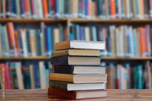 Stack of books against the background of library, stack of books in front of library, books on wooden table © Angs