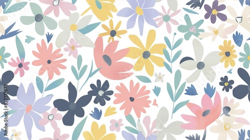 Flower wallpaper flat design top view botanical theme cartoon drawing colored pastel . Seamless Pattern, Fabric Pattern.