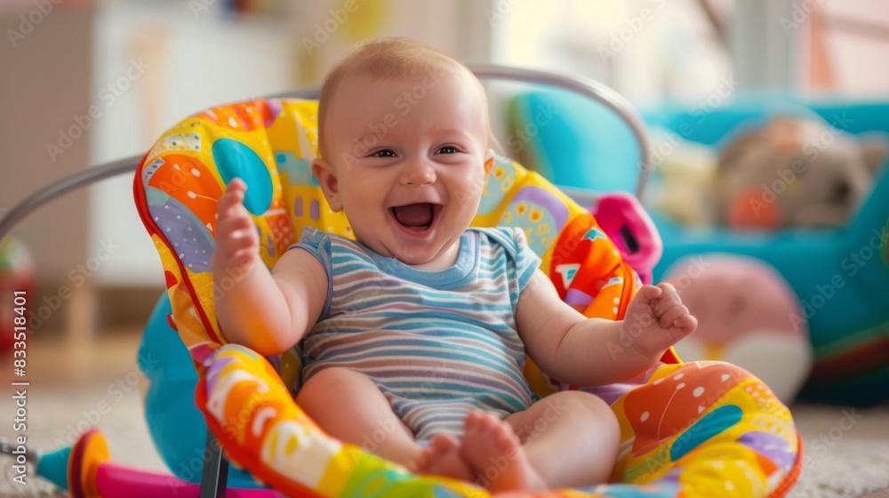 A baby sitting in a colorful baby bouncer, bouncing and giggling with excitement. A baby sitting in a colorful baby bouncer, bouncing and giggling with excitement.