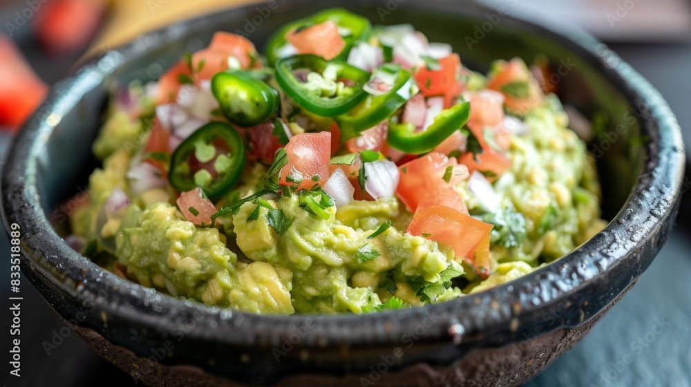 A bowl of creamy guacamole topped with diced tomatoes, onions, and spicy jalapeno peppers. A bowl of creamy guacamole topped with diced tomatoes, onions, and spicy jalapeno peppers.