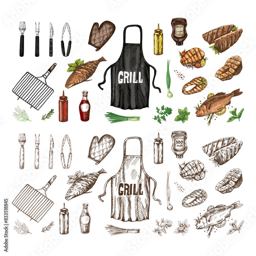 A set of hand-drawn colored  sketches of barbecue and picnic elements, apron, barbecue grill, tools, grilled fish, fish steaks. For the design of menu of cafes. Doodle vintage illustration.