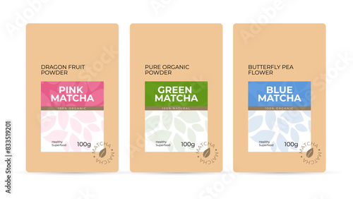 Labels set for matcha. Healthy vegan beverage branding, packaging. Design template of green, blue and pink color matcha tea. Japanese drink of pure organic powder, fruit and flower vector illustration