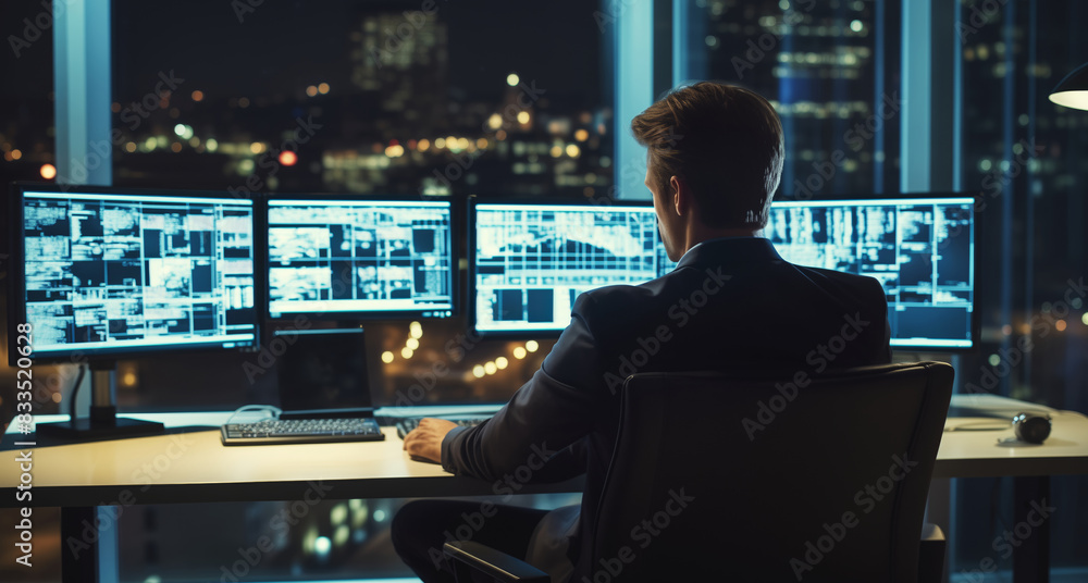 technical operator employee working with multiple computer monitors, displays in system control room technical operator employee working with multiple computer monitors, displays in system control room