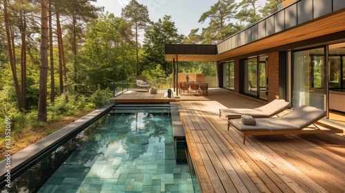 Wallpaper Mural Modern wooden terrace with outdoor furniture and swimming pool in the garden of a modern house Torontodigital.ca