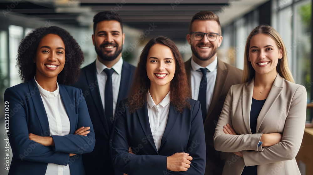 Fototapeta premium Portrait of group business people standing together in the office, happy teamwork looking at camera