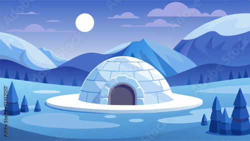 A snowcovered tundra with a cozy igloo providing a calm and cool setting for virtual reality cooldown yoga.. Vector illustration