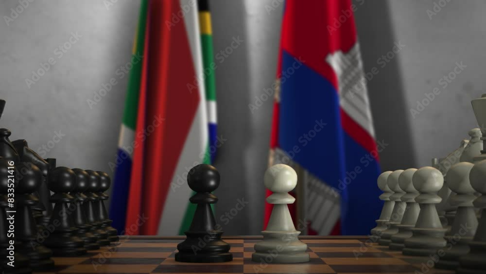Cambodia and South Africa National Flags with Chess Board Animation. Politics of Government or Conflict Cambodia and South Africa National Flags with Chess Board Animation. Politics of Government or Conflict