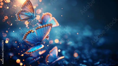 Blue butterflies with glowing wings flutter in a magical, ethereal atmosphere. Photogenic abstract background.