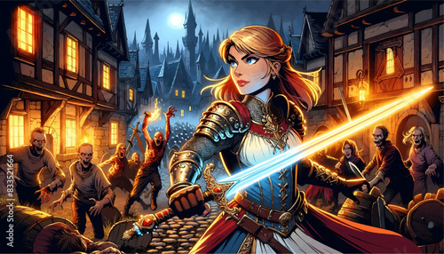 A warrior princess defending a medieval village from an undead horde, in vibrant comic style.


