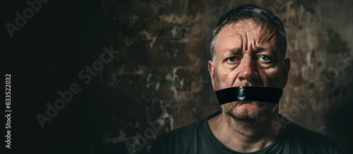 Man with his mouth sealed with adhesive tape, censorship concept