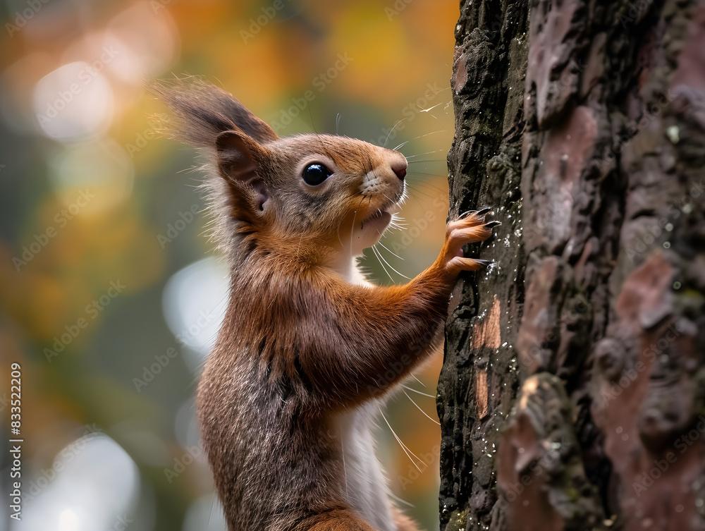 Fototapeta premium A playful squirrel with fluffy tail climbs tree trunk in search of delicious nuts.