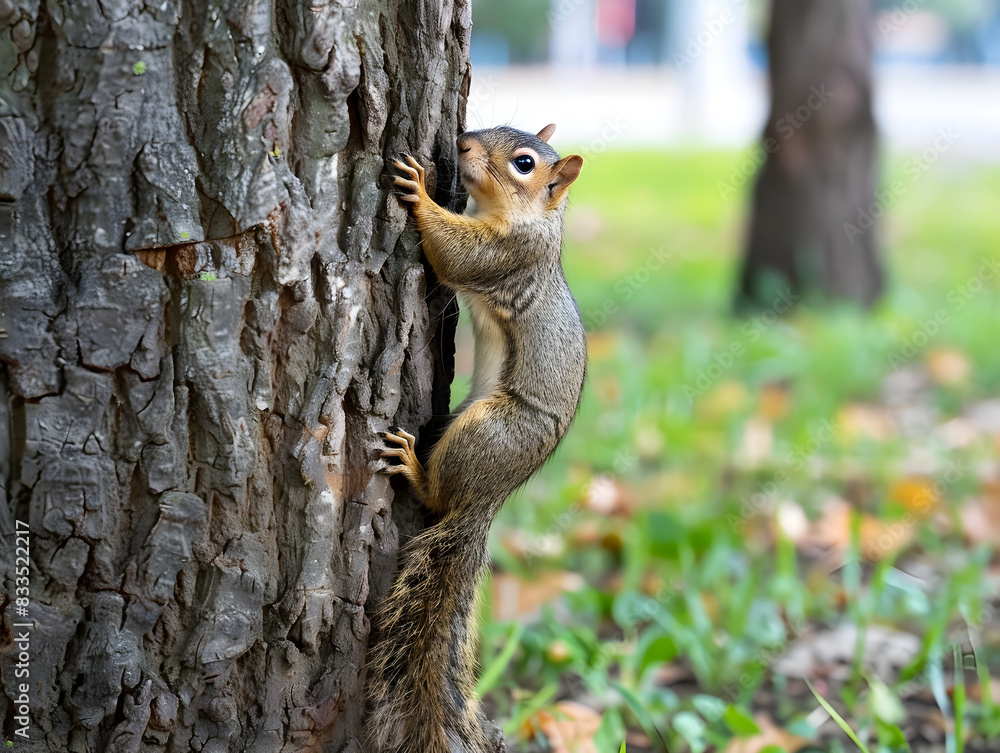 A squirrel with a bright red coat climbs a tall tree trunk with curiosity and speed. A squirrel with a bright red coat climbs a tall tree trunk with curiosity and speed.