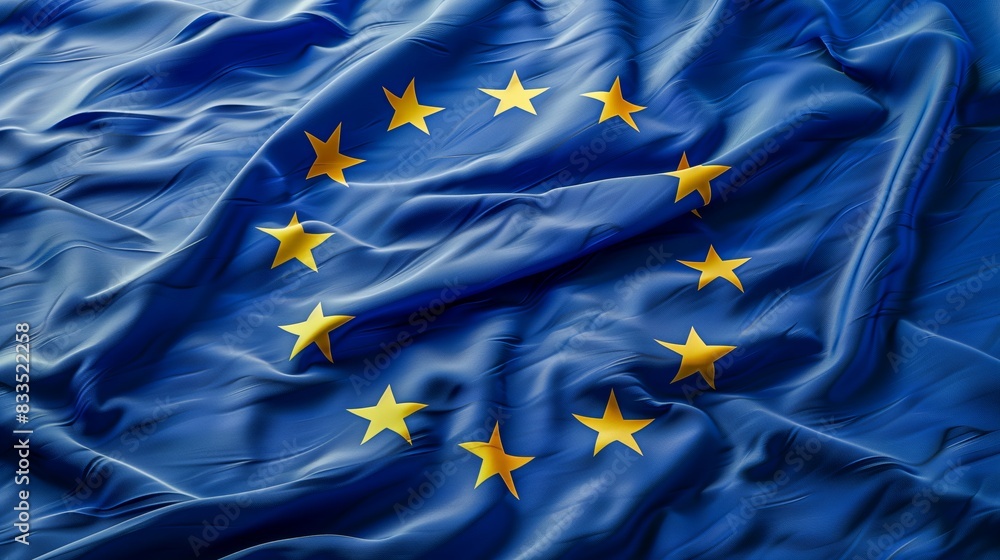 European Union Flag with Golden Stars Flowing in the Wind, Detailed Fabric Texture European Union Flag with Golden Stars Flowing in the Wind, Detailed Fabric Texture