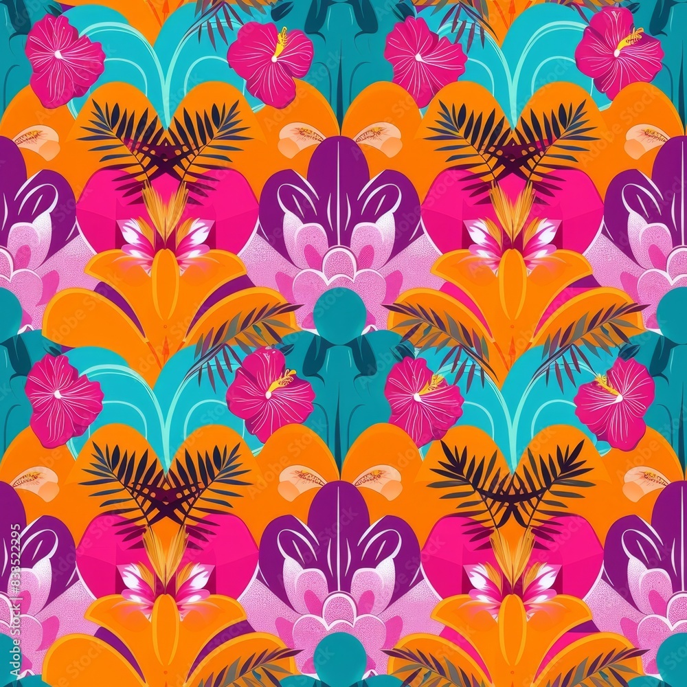 Vivid Tropical Floral Pattern with Exotic Leaves and Blooms Vivid Tropical Floral Pattern with Exotic Leaves and Blooms