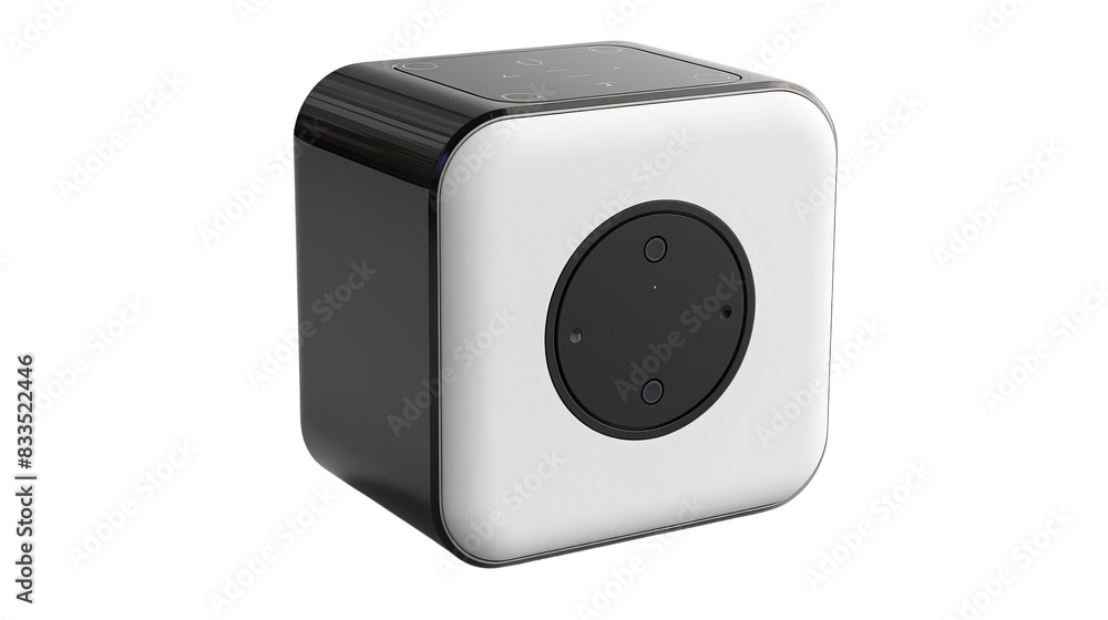 High-tech wireless smart home assistant device with sleek design in white and black, isolated on white background, front view. High-tech wireless smart home assistant device with sleek design in white and black, isolated on white background, front view.