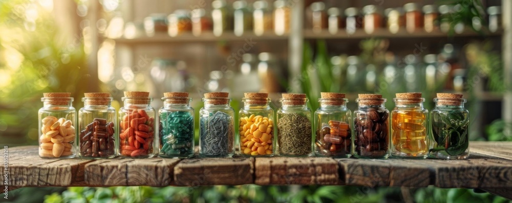 Organic herbal supplements in clear glass jars on a wooden table, with eco-friendly labels and greenery in the background Organic herbal supplements in clear glass jars on a wooden table, with eco-friendly labels and greenery in the background