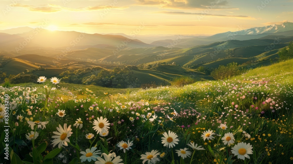 Obraz premium Beautiful spring landscape with a field of wild flowers, daisies, and grass in sunset light, nature background banner panorama.