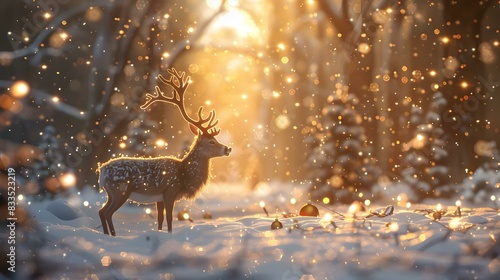 A deer standing in the snow with Christmas decorations all around