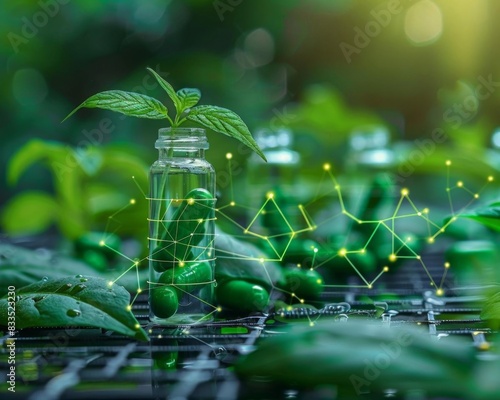 Plant Extracts in Laboratory with Green Leaves and Digital Molecular Structure