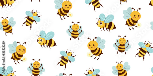 Seamless summer and spring pattern with cute bees on an isolated white background. Vector flat illustration.