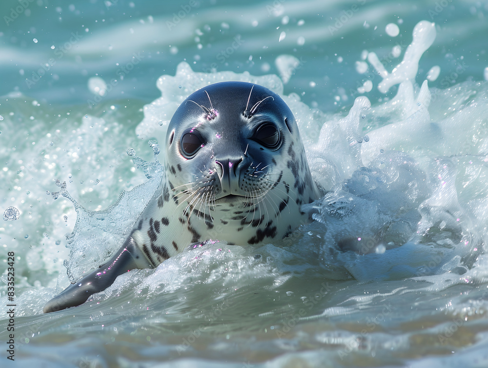 Obraz premium Adorable baby seal frolics in the waves, looking joyful and carefree in its natural habitat.