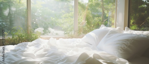 Simple bed with crisp white sheets  soft natural light  medium angle  peaceful and uncluttered  pure whites