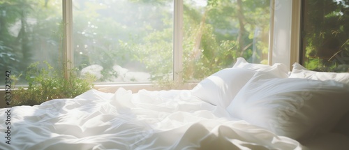 Simple bed with crisp white sheets, soft natural light, medium angle, peaceful and uncluttered, pure whites photo