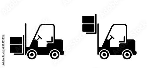 Fork truck or forklift icon. Cartoon forklift truck logo. silhouettes of fork lift truck for operator. For safely lifting and moving heavy objects, unloading, cargo and boxes. Warehouse machine.