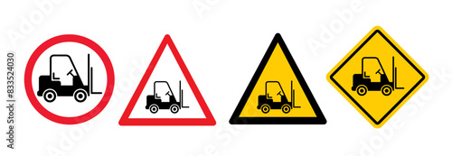 Stop, no entry for fork truck or forklift icon. Forbid, forklift truck sign. silhouettes of fork lift truck for operator. For safely lifting and moving heavy objects or boxes. Forbidden, red circle.