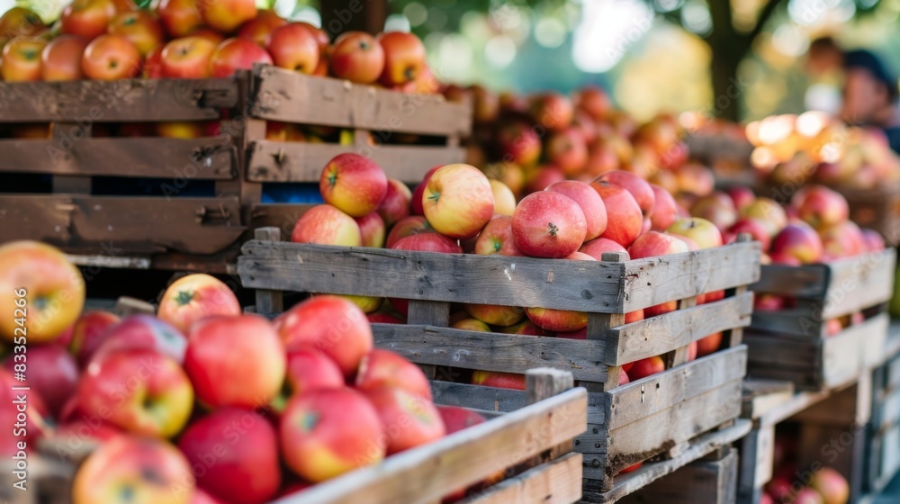 A farmer's market stall overflowing with crates of ripe apples, attracting customers' attention. A farmer's market stall overflowing with crates of ripe apples, attracting customers' attention.