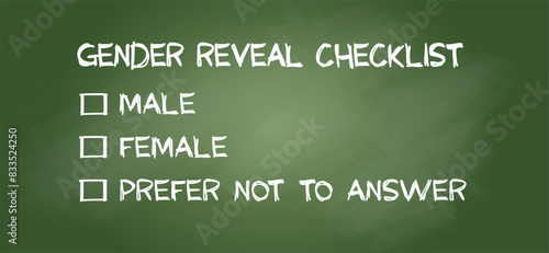 Check box, fill in gender list: male, female, non-binary or transgender. Filling in the questionnaire, documents. Choice of sex, gender reveal checklist. Survey question: man, woman. Question mark.