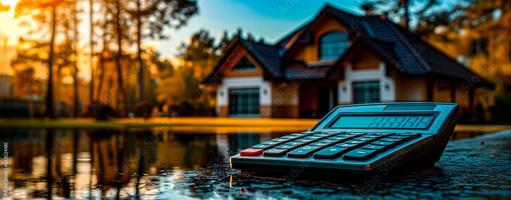 Obraz premium Real state, a calculator in the foreground and a house in the background.