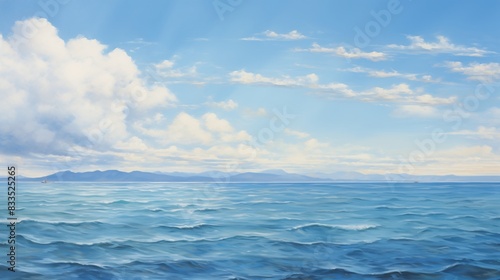 A serene view of a calm ocean with light waves and a blue sky with clouds