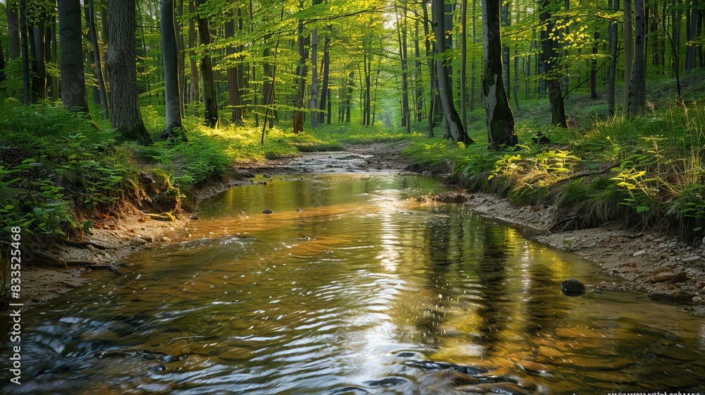 Fototapeta premium Tranquil Forest Stream with Sunlight Filtering Through Trees