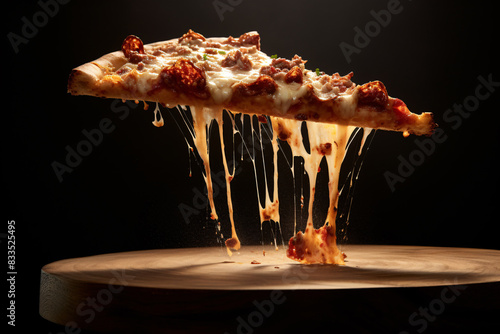 Crispy Pepperoni Pizza Slice on Wooden Table, Delicious Italian Cuisine with Golden Crust and Melted Cheese