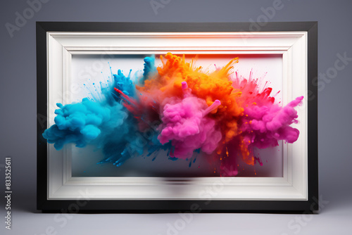 Colorful Explosion of Powder Surrounds Picture Frame for Vibrant and Dynamic Artistic Display