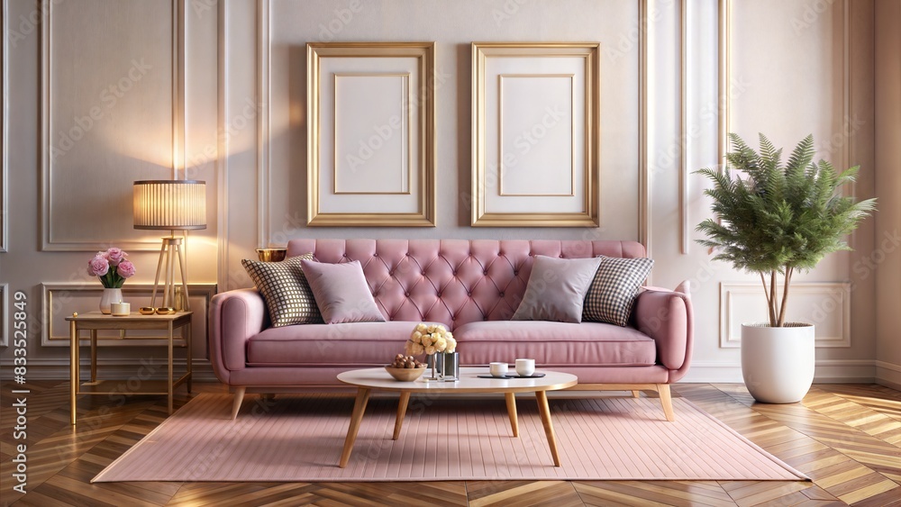 pink sofa, retro wooden table, mock up poster frame, decoration , carpet and personal accessories in elegant home decor pink sofa, retro wooden table, mock up poster frame, decoration , carpet and personal accessories in elegant home decor