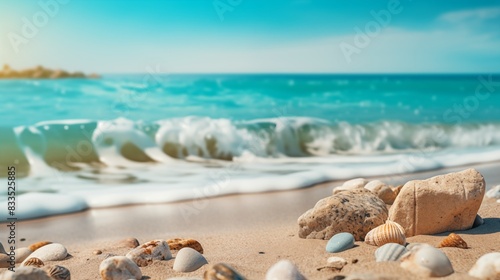 Serene Coastal Beach with Shells and Waves Crashing on Shore © Miva