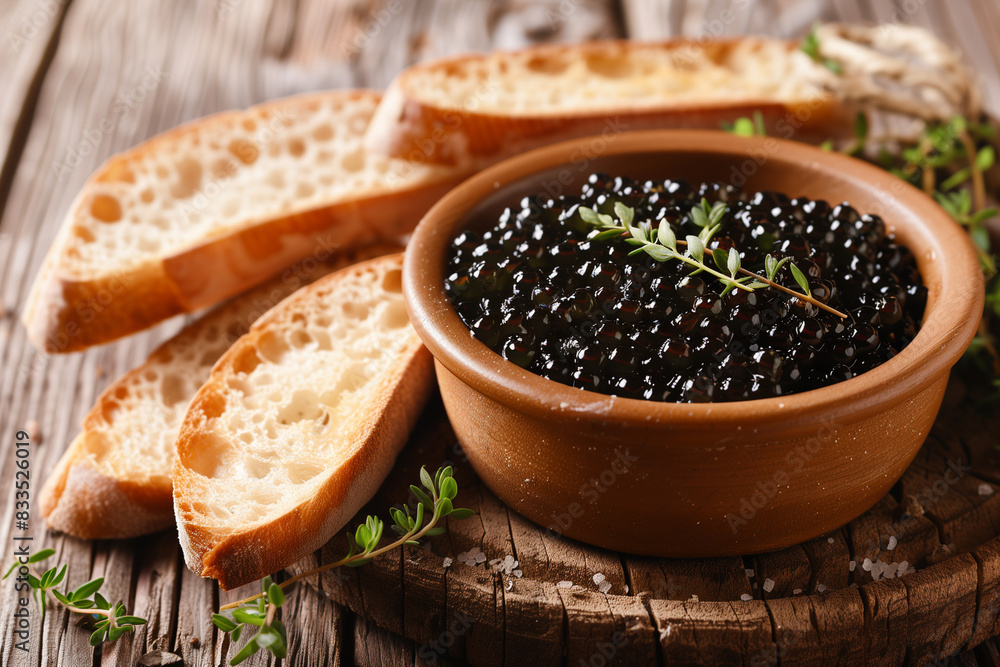 a little bowl of black caviar with baguette slices arround a little bowl of black caviar with baguette slices arround