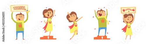 Lucky Man and Woman Character Win Fortune Vector Set