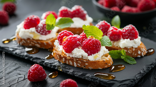baguette slices with cottage cheese honey fresh raspberries and mint leaves