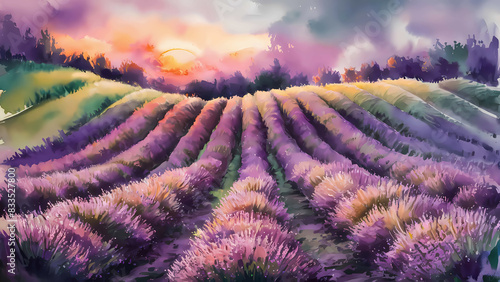 Tranquil Beauty Captured in Watercolor Landscape  Peaceful Lavender Fields Bathed in the Soft Glow of a Setting Sun. Nature s Harmony  Idyllic Countryside Charm