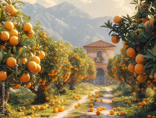 Orange plantation. Fruit garden. High quality photo. Generated by AI