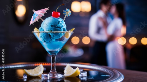 A couple dance in a restaurant  blue ice cream at the table  AI