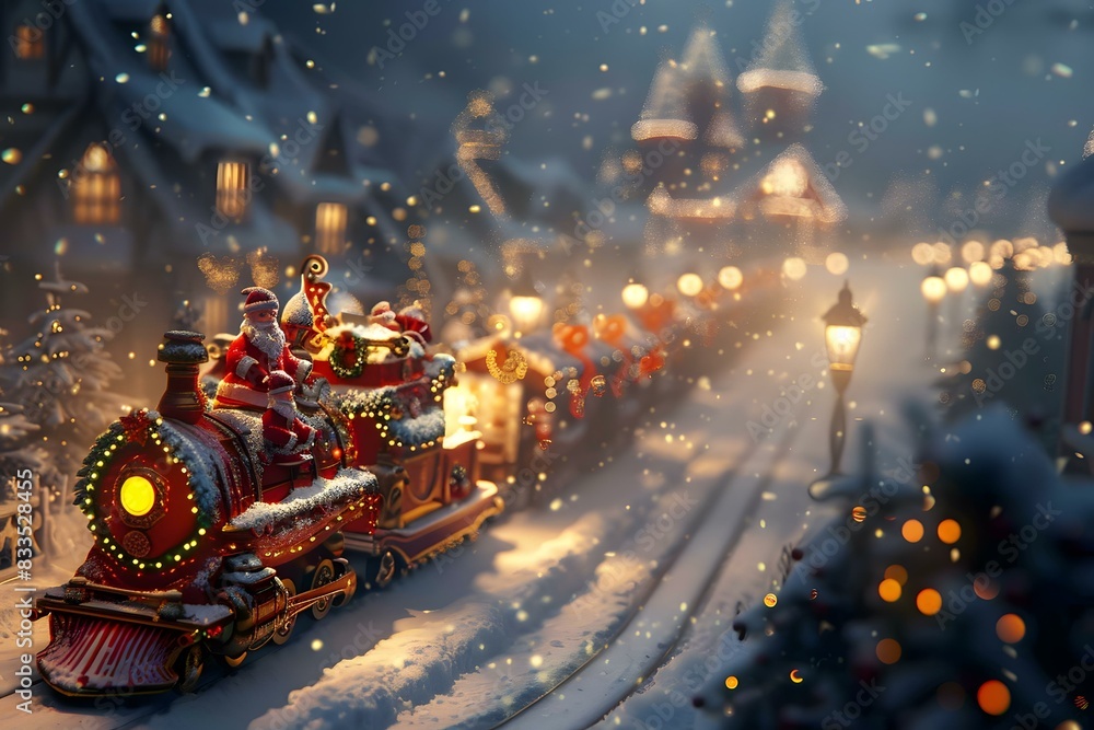 Santa Claus is driving a train through the snow Santa Claus is driving a train through the snow