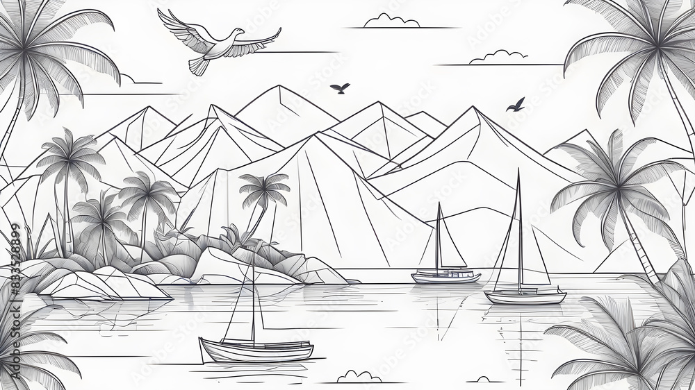 One line drawing tropical oasis island seamless pattern. Abstract landscape background with mountains, sea, coconut palm tree, yacht, birds continuous art. Generative AI One line drawing tropical oasis island seamless pattern. Abstract landscape background with mountains, sea, coconut palm tree, yacht, birds continuous art. Generative AI