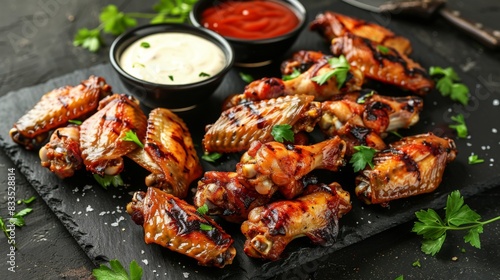 A platter of grilled chicken wings served with dipping sauces, perfect for game day.