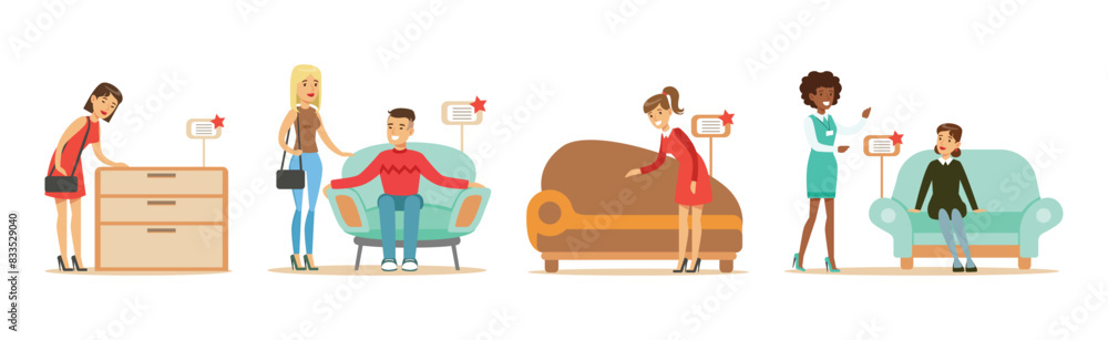 People Character In Furniture Shop Buying Object for House Interior Vector Set People Character In Furniture Shop Buying Object for House Interior Vector Set