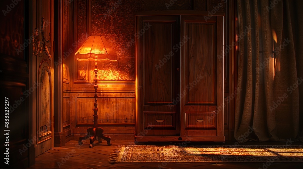The warm glow of lamplight spilling from a slightly ajar wardrobe, illuminating the surrounding space with a sense of coziness and mystery. The warm glow of lamplight spilling from a slightly ajar wardrobe, illuminating the surrounding space with a sense of coziness and mystery.